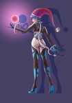  absurdres alternate_costume ass black_bodysuit blue_background blue_hair bodysuit breasts chongtian_yixiao_shualuanfei collar commentary_request doremy_sweet energy_ball eyelashes floating from_behind full_body glowing hat headphones highres hoop mechanical_tail medium_breasts orb parted_lips red_eyes red_hat science_fiction shadow short_hair smile smirk solo spine standing tail touhou 