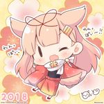  2018 ;d alternate_costume black_eyes blonde_hair blush chibi dog_tail fang floral_background full_body hair_flaps hair_ornament hair_ribbon hairclip japanese_clothes kantai_collection kemonomimi_mode kimono leg_up light_brown_hair long_hair long_sleeves looking_at_viewer momoniku_(taretare-13) obi one_eye_closed open_mouth outstretched_arm paw_print print_kimono red_kimono red_ribbon remodel_(kantai_collection) ribbon sash scarf smile solid_oval_eyes solo standing standing_on_one_leg tail translation_request twitter_username very_long_hair white_scarf wide_sleeves yukata yuudachi_(kantai_collection) 