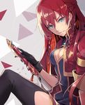  bangs black_gloves black_legwear blue_eyes blue_jacket braid breasts cleavage commentary_request earrings gloves grin hair_between_eyes highres holding holding_sword holding_weapon jacket jewelry large_breasts lips long_hair looking_at_viewer parted_lips pink_lips pokimari re:creators red_hair selesia_upitiria short_sleeves sitting smile solo sword thighhighs weapon 
