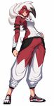  animal_ears belt black_hair breasts claws gen_7_pokemon grin hand_on_hip highres long_hair lycanroc multicolored_hair personification pokemon red_hair sharp_teeth smile solo space_jin teeth white_hair wolf_ears 