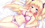  aqua_eyes bed blonde_hair blush boku_to_koi_suru_ponkotsu_akuma bra breasts cleavage fujima_emiri game_cg long_hair navel panties sayori smile underwear 