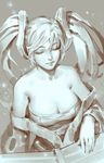 bangs bare_shoulders breasts cleavage closed_eyes closed_mouth commentary grey_background greyscale highres japanese_clothes kimono large_breasts league_of_legends lips long_hair long_sleeves monochrome off_shoulder simple_background sketch solo sona_buvelle standing tim_loechner twintails wide_sleeves 