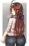  absurdres ahoge ass black_pants blush breath brown_hair double_bun hairband headgear highres hinacalibur kantai_collection kongou_(kantai_collection) long_hair looking_back open_mouth pants plaid plaid_scarf pocket purple_eyes scarf smile solo sweater white_sweater 