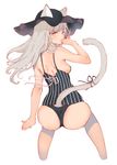  absurdres animal_ears arm_at_side arutera ass ass_cutout banned_artist black_swimsuit breasts bright_pupils casual_one-piece_swimsuit cat_ears cat_tail cropped_legs ears_through_headwear from_behind grey_hair hand_to_own_mouth hat highres long_hair looking_at_viewer looking_back one-piece_swimsuit original ribbon sideboob simple_background small_breasts solo striped swimsuit tail tail_ribbon tail_through_clothes vertical-striped_swimsuit vertical_stripes white_background white_pupils yellow_eyes 