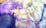  aoi_miyabi black_hair blush boku_to_koi_suru_ponkotsu_akuma breasts game_cg hug long_hair male nipples nude purple_hair sayori smile water yellow_eyes 