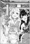  artist_request bracelet commentary_request diana_cavendish greyscale highres japanese_clothes jewelry kagari_atsuko kimono little_witch_academia monochrome multiple_girls shrine stairs statue torii 