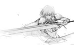  armor bodysuit cape clare_(claymore) claymore claymore_(sword) cowboy_shot greyscale highres kumako_(pixiv4171671) monochrome motion_lines pauldrons short_hair sketch solo sword weapon white_background 
