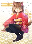  2018 :d animal_ears ashida_machi bangs black_legwear blush brown_hair chinese_zodiac collarbone commentary_request dog_ears dog_girl dog_tail egasumi eyebrows_visible_through_hair fine_fabric_emphasis fingernails floral_print flower green_nails gurande_(g-size) hair_between_eyes hair_bobbles hair_flower hair_ornament head_tilt highres japanese_clothes kemonomimi_mode kimono long_sleeves looking_at_viewer multicolored multicolored_nails nail_polish new_year no_shoes open_mouth original pantyhose pink_flower print_kimono red_kimono red_nails sitting sleeves_past_wrists smile solo tail two_side_up wide_sleeves year_of_the_dog yellow_eyes 