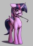  2018 bedroom_eyes cutie_mark equine feathered_wings feathers female feral friendship_is_magic grey_background hair half-closed_eyes horn lachlan765 looking_at_viewer mammal my_little_pony riding_crop seductive simple_background solo twilight_sparkle_(mlp) unicorn_horn whip winged_unicorn wings 
