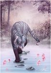  ambiguous_gender blue_fur cerona claws detailed_background falling_leaves feline feral flower forest front_view fur maltese_tiger mammal nature outside plant pond purple_theme solo stepping_stones tiger tree water yellow_eyes 
