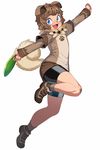  animal_ears bandaid bandaid_on_knee black_shorts blue_eyes brown_hair brown_shirt dog_ears dog_tail fangs frisbee gen_7_pokemon highres layered_sleeves outstretched_arms paw_print personification pokemon rockruff shirt short_hair shorts smile space_jin tail white_background 