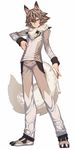  animal_ears blue_eyes brown_hair brown_pants brown_shirt claws gen_7_pokemon highres lycanroc pants personification pokemon serious shirt short_hair space_jin tail white_background wolf_ears wolf_tail 