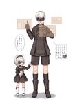  1girl black_blindfold black_choker black_hairband blindfold boots choker dress hairband holographic_interface holographic_touchscreen lotu lunar_tear mary_janes mole mole_under_mouth nier_(series) nier_automata open_mouth pod_(nier_automata) robot sad shoes translated white_hair yorha_no._2_type_b yorha_no._9_type_s younger 