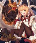 2018 ;d animal animal_ears ankle_cuffs bangs bare_shoulders black_background black_legwear blonde_hair blunt_bangs blush breasts brown_hair chinese_zodiac dog dog_ears eyebrows_visible_through_hair feet_out_of_frame garjana granblue_fantasy hair_ribbon happy_new_year highres kayase knees_up light_particles long_sleeves looking_at_viewer new_year one_eye_closed open_mouth pantyhose red_ribbon ribbon short_hair shoulder_cutout simple_background sitting small_breasts smile solo twitter_username vajra_(granblue_fantasy) wide_sleeves year_of_the_dog 