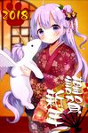  alternate_costume azur_lane carrying commentary_request fan folding_fan hair_bun hair_ornament hinanosuke japanese_clothes kimono long_hair looking_at_viewer one_side_up purple_eyes purple_hair side_bun solo stuffed_alicorn stuffed_animal stuffed_toy translation_request unicorn_(azur_lane) 