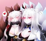 aircraft_carrier_hime akagi_(azur_lane) akagi_(azur_lane)_(cosplay) animal_ears azur_lane belt black_jacket blush breasts check_commentary closed_eyes closed_mouth commentary_request cosplay fox_ears fox_tail grey_hair hair_between_eyes hair_ornament hairclip heart hi_ye horn horns jacket kaga_(azur_lane) kaga_(azur_lane)_(cosplay) kantai_collection large_breasts long_hair midway_hime multiple_girls ponytail red_eyes shinkaisei-kan spoken_heart tail white_jacket 