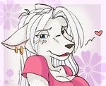  &lt;3 2007 anthro black_nose blue_eyes blush breasts canine cherushi cleavage clothed clothing female fur hair kumori_(cheru) mammal open_mouth solo white_fur white_hair wolf 