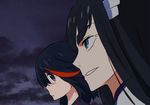  bangs black_hair blue_eyes blush commentary_request eyebrows hair_ornament hairclip highres kill_la_kill kiryuuin_satsuki looking_at_another matoi_ryuuko multicolored_hair multiple_girls official_art smile streaked_hair sushio thick_eyebrows 