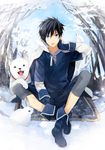  :o animal_on_arm bird_on_arm black_hair blue_eyes blue_footwear blue_pants blue_shirt blue_sky boots bunny commentary_request day dog hair_between_eyes indian_style long_sleeves looking_at_viewer male_focus original outdoors pants shirt sitting sky snow solo takerusilt 