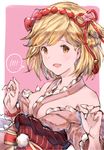  :d bare_shoulders bead_bracelet beads blonde_hair blush bracelet breasts brown_eyes djeeta_(granblue_fantasy) granblue_fantasy hair_ribbon highres jewelry long_sleeves looking_at_viewer milli_little obi off_shoulder open_mouth pink_background pom_pom_(clothes) red_ribbon ribbon sash short_hair simple_background sketch small_breasts smile solo spoken_blush upper_body w_arms 