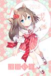  2018 animal_ears blue_eyes brown_hair chitetan commentary_request dog_ears dog_tail dress floral_background flower frilled_dress frills hair_flower hair_ornament original parted_lips sandals tabi tail 