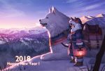  2018 animal animal_ears ankle_boots arm_at_side backpack bag bangs blue_hat blue_sky blush boots breath brown_footwear brown_gloves brown_hair brown_pants chinese_zodiac closed_mouth coat day dog ears_through_headwear esukee forest full_body fur-trimmed_boots fur-trimmed_hat fur-trimmed_sleeves fur_trim gloves grass happy_new_year hat highres holding_lantern lantern light light_particles long_coat long_sleeves looking_afar mountainous_horizon nature new_year nose_blush original outdoors oversized_animal pants profile purple_eyes saddle sash short_hair sky smile snow solo standing tongue tongue_out white_fur winter_clothes winter_coat year_of_the_dog 
