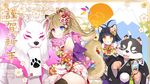  2018 2girls :3 :p ahoge animal_ears arm_up bell black_hair black_kimono black_legwear brown_hair byulzzimon cat_ears cat_tail chinese_zodiac dog dog_ears dog_tail elin_(tera) floral_print flower hair_flower hair_ornament happy_new_year heterochromia highres japanese_clothes jingle_bell kimono mouth_hold multiple_girls new_year obi official_art open_mouth pink_kimono ponytail popori sash scarf short_hair tail tera_online thighhighs tongue tongue_out wallpaper year_of_the_dog yellow_eyes yellow_kimono zettai_ryouiki 