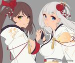  2girls azur_lane bangs black_gloves blue_eyes blunt_bangs breasts brown_hair closed_mouth cloud_print covered_nipples dated eyebrows eyebrows_visible_through_hair eyes_visible_through_hair eyeshadow facing_another fingernails floral_print flower gloves grey_background hair_ornament high_ponytail holding_hands interlocked_fingers japanese_clothes lips long_hair looking_away looking_to_the_side makeup mappaninatta medium_breasts mole mole_under_eye multiple_girls one_side_up partly_fingerless_gloves shoukaku_(azur_lane) silver_hair simple_background smile swept_bangs tassel twitter_username unfinished upper_body wristband yellow_eyes zuikaku_(azur_lane) 