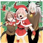  1:1_aspect_ratio 3boys astolfo_(fate) christmas christmas_outfit fate/apocrypha fate_(series) gift hat iqt9x long-haired_trap male male_focus merry_christmas multiple_boys saber_of_black santa_costume santa_dress santa_gloves santa_hat sieg_(fate/apocrypha) trap 