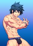  abs adonis_belt bara black_eyes black_hair bracelet bulge cowboy_shot fairy_tail gray_fullbuster highres jewelry jockstrap looking_at_viewer lvlv male_focus male_underwear muscle navel necklace patterned_background smile solo underwear underwear_only 