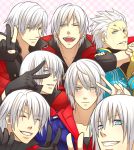  6+boys anger_vein arm_around_shoulder black_gloves blue_eyes blush closed_mouth coat dante_(devil_may_cry) devil_may_cry devil_may_cry_2 devil_may_cry_3 devil_may_cry_4 eyebrows_visible_through_hair eyes_closed facial_hair fingerless_gloves gloves gvwjklj00010tqly jewelry multiple_boys nero_(devil_may_cry) open_mouth patterned patterned_background ring short_hair silver_hair smile stubble sweat sweatdrop v veins vergil white_hair yellow_gloves 