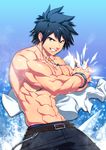  abs adonis_belt bara black_eyes black_hair bracelet clothes_removed cowboy_shot fairy_tail gray_fullbuster highres ice jewelry looking_at_viewer lvlv male_focus muscle navel necklace patterned_background shirtless smile solo underwear 