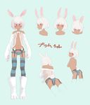  animal_ears back bare_back blush bunny_ears bunny_tail character_sheet dark_skin from_behind garter_straps looking_back neru_tanuki original panties red_eyes short_hair striped_legwear tail thighhighs topless translation_request white_hair 