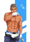  1boy abs bara blue_eyes bulge crotch gloves looking_at_viewer male_focus muscle nipples pecs scar silver_hair smile solo topless underwear undressing wink 