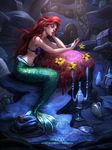  ariel_(disney) bikini_top bottle candelabra cave chin_rest clock disney flower fork jar long_hair mermaid monster_girl pipe plate red_hair rope_ladder shell shell_bikini shricka sitting solo the_little_mermaid treasure_chest wavy_hair 