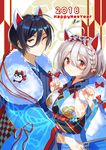  1girl 2018 ahoge animal_ears black_hair blush bow braid breasts chinese_zodiac dog_ears eyebrows_visible_through_hair fan folding_fan furisode hair_ornament happy_new_year hayama_eishi highres japanese_clothes kimono large_breasts looking_at_viewer new_year obi original red_eyes sash short_hair sideboob silver_hair single_braid smile year_of_the_dog 