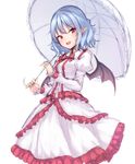  :d alternate_costume bat_wings black_wings blue_hair blush bow bowtie breasts cowboy_shot dress eyebrows_visible_through_hair fang frilled_dress frilled_sleeves frills juliet_sleeves junior27016 long_sleeves looking_at_viewer no_hat no_headwear open_mouth parasol pointy_ears puffy_sleeves red_bow red_eyes red_neckwear remilia_scarlet short_hair simple_background small_breasts smile solo standing touhou umbrella white_background white_dress wings 