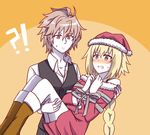  1boy 1girl brown_hair carrying christmas christmas_outfit couple fate/apocrypha fate_(series) female fokwolf hat jeanne_d&#039;arc_(fate) male pale_skin princess_carry red_eyes santa_boots santa_costume santa_dress santa_hat short_hair sieg_(fate/apocrypha) 