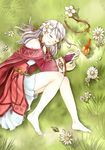  animal bird clenched_hand derivative_work elbow_gloves fire_emblem fire_emblem:_akatsuki_no_megami gloves grass long_hair looking_at_viewer lying micaiah nuts0415 on_side outdoors silver_hair solo 