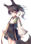  :/ animal_ears artist_name azur_lane bangs black_hair cowboy_shot dated fox_ears fox_tail hair_ornament hakama_skirt japanese_clothes long_hair long_sleeves looking_at_viewer matsukaze_(azur_lane) multicolored_hair ponytail ribbon-trimmed_sleeves ribbon_trim signature simple_background solo sorairo_len standing tail v-shaped_eyebrows white_background wide_sleeves yellow_eyes 