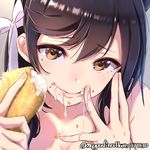  atago_(azur_lane) azur_lane bangs black_hair blurry blush breasts brown_eyes collarbone cream crumbs dated depth_of_field eyebrows_visible_through_hair finger_to_mouth fingernails food food_on_body food_on_face hair_ribbon hand_on_own_face holding holding_food lips long_hair looking_at_viewer mappaninatta mole mole_under_eye nude pastry pink_lips portrait ribbon sexually_suggestive small_breasts solo tsurime twitter_username upper_body white_ribbon 