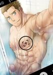 1boy abs bara bathroom camera cum erection kusatta_tamanegi muscle nude pecs penis self-shot shower solo water wet 