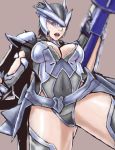  1girl armor ass black_hair bracer breasts cleavage covered_navel earth_defense_force earth_defense_force_2025 full_body gloves gluteal_fold gun headgear helmet large_breasts mechanical_wings open_mouth pauldrons short_hair simple_background solo thighs weapon wing_diver wings 
