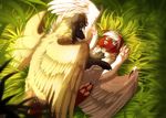  2013 amber_eyes ambiguous_gender blue_eyes canine detailed_background digital_drawing_(artwork) digital_media_(artwork) duo feathered_wings feathers feral grass grypwolf hair heterochromia hybrid lying mammal on_back pawpads smile white_feathers white_hair wings 