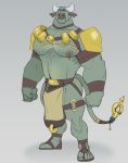  2019 5_fingers anthro armor balls biceps big_balls blue_eyes bovine butt butt_hair cattle clothed clothing ear_piercing genital_piercing horn jinglebell kazushi loincloth male mammal muscular muscular_male nipple_piercing nipples pecs piercing pubes sandal scrotum_piercing simple_background skimpy solo standing 