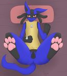 2018 4_toes anatomically_correct anatomically_correct_pussy animal_genitalia animal_pussy bed black_fur blue_fur canine canine_pussy digital_media_(artwork) digitigrade dogina female fur long_ears looking_at_viewer lucario lying mammal nintendo nude on_back on_bed pawpads paws pillow pink_pads pok&eacute;mon pok&eacute;mon_(species) presenting pussy red_eyes selixjackal simple_background smile solo spreading toes video_games yellow_fur 