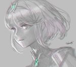  earrings greyscale hair_ornament higurashi_nakaba homura_(xenoblade_2) jewelry looking_at_viewer monochrome short_hair simple_background smile solo tiara white_background xenoblade_(series) xenoblade_2 