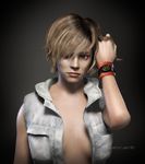  3d blonde_hair breast_pocket breasts collar demonleon3d heather_mason highres jacket pocket sallow_skin short_hair silent_hill silent_hill_3 silver_jacket sleeveless small_breasts solo staring sunken_eyes vest watch waxy wristband wristwatch yellow_eyes 