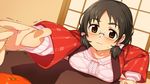  asano_fuuka blush bow breast_press brown_eyes brown_hair food fruit glasses hair_bow hanten_(clothes) idolmaster idolmaster_cinderella_girls kotatsu low_twintails mandarin_orange outstretched_arm pink_bow pole_(ppp1409) short_hair solo sweatdrop sweater table trembling twintails 