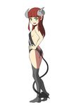  :d absurdres ass backless_outfit bangs bare_arms bare_shoulders black_legwear black_leotard blunt_bangs blush breasts broken_horn brown_hair curled_horns demon_girl demon_horns demon_tail eyebrows_visible_through_hair full_body green_eyes hand_on_hip highres horns leotard long_hair looking_at_viewer looking_to_the_side no_shoes open_mouth original simple_background small_breasts smile solo standing tail thighhighs toy_box-r upper_teeth white_background 